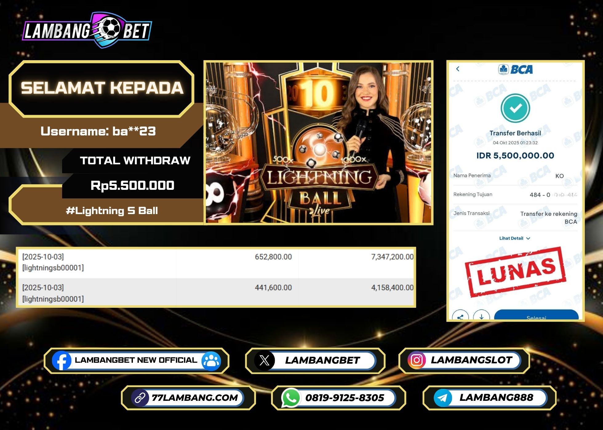 LAMBANGBET [4 OKTOBER 2025] JACKPOT LIVE CASINO Lightning S Ball "Rp5.500.000" LUNAS